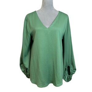 Ivy Jane Lantern Sleeve V-Neck Blouse Top Green S/M Work Career Job